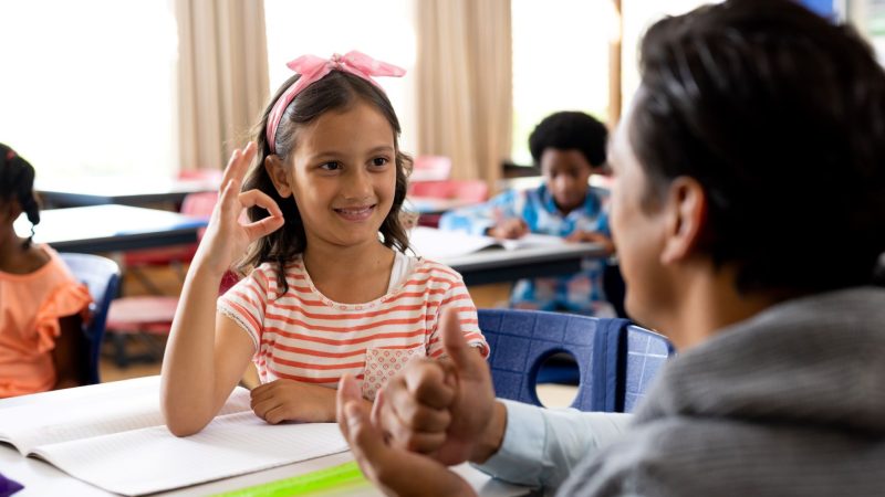 Education Teacher communicating with student using sign language in elementary school