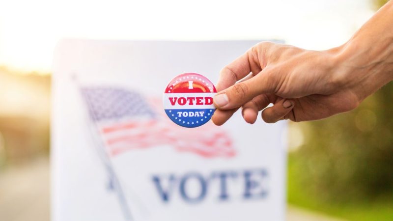 Hand holding voting pin in front of voting sign